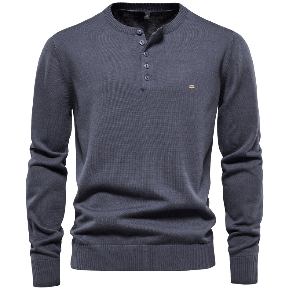 Men's Casual Solid Color Chic Cotton Henley Collar Pullover Sweater