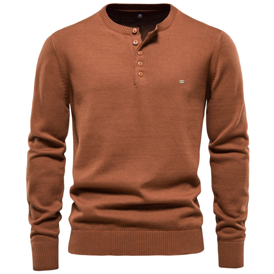 

Men's Casual Solid Color Cotton Henley Collar Pullover Sweater