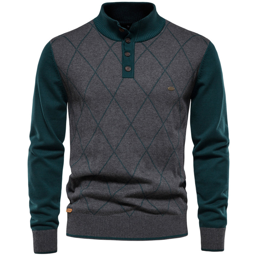 

Men's Casual Check Colorblock Stand Collar Pullover Sweater