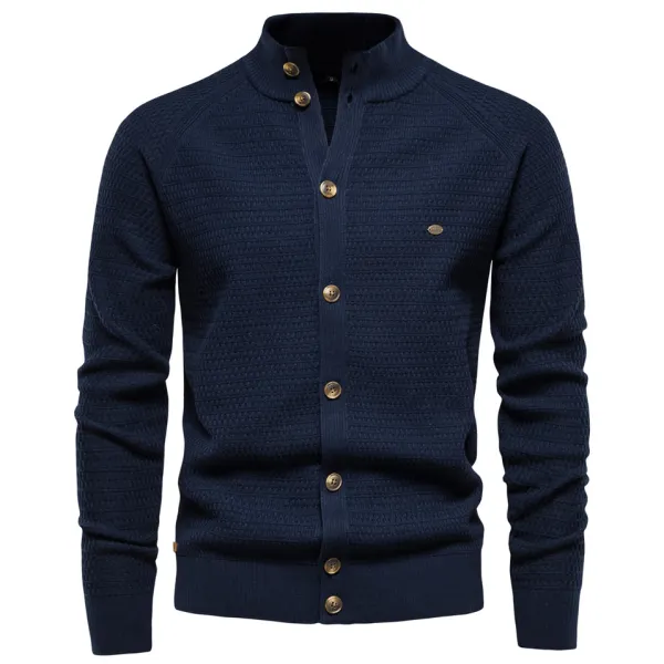 Men's Casual Solid Color Stand Collar Sweater Cardigan - Kalesafe.com 