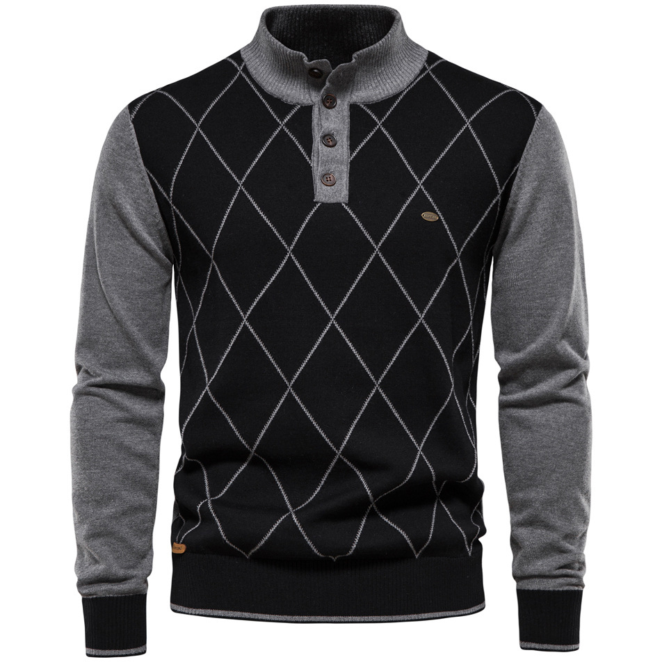 Men's Casual Check Colorblock Chic Stand Collar Pullover Sweater