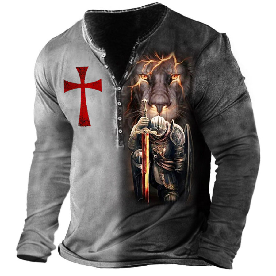 

Blusa Masculina De Manga Longa Templar Lion Cross Henley Masculina