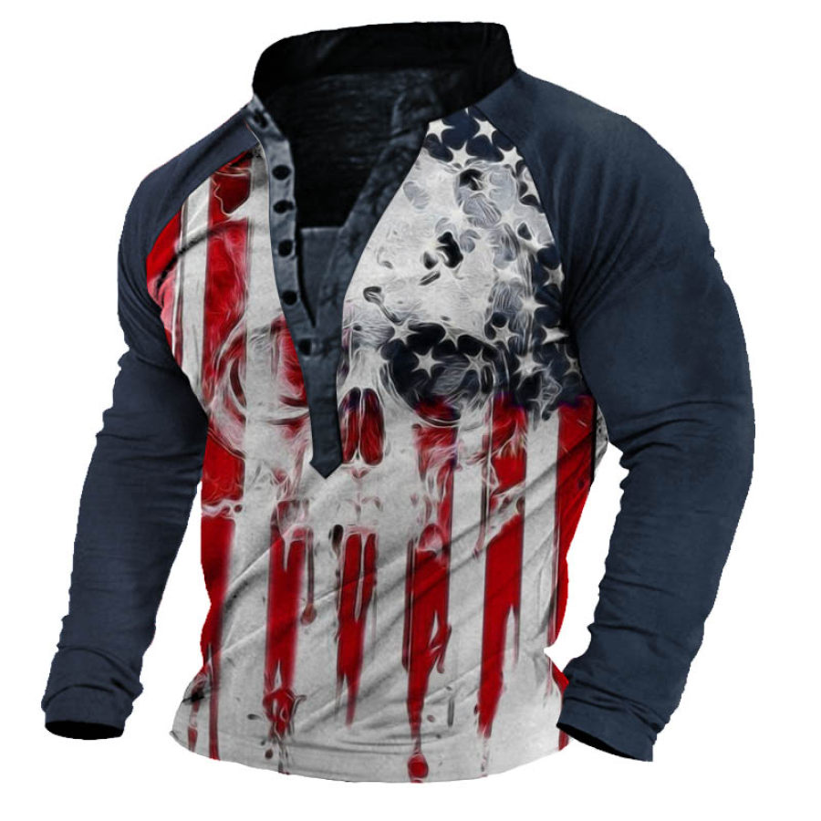 

Men's American Flag Skull Graphic Print Long Sleeve Henley T-Shirt