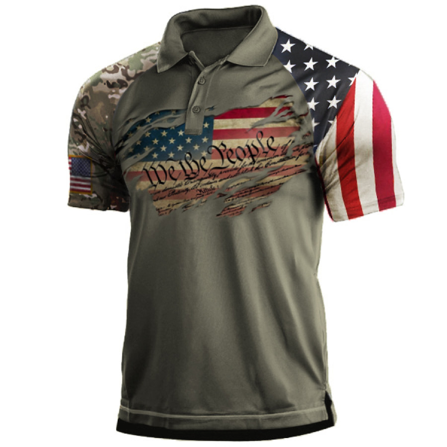 

Men's Outdoor American Flag Vintage Camo Print Polo T-Shirt