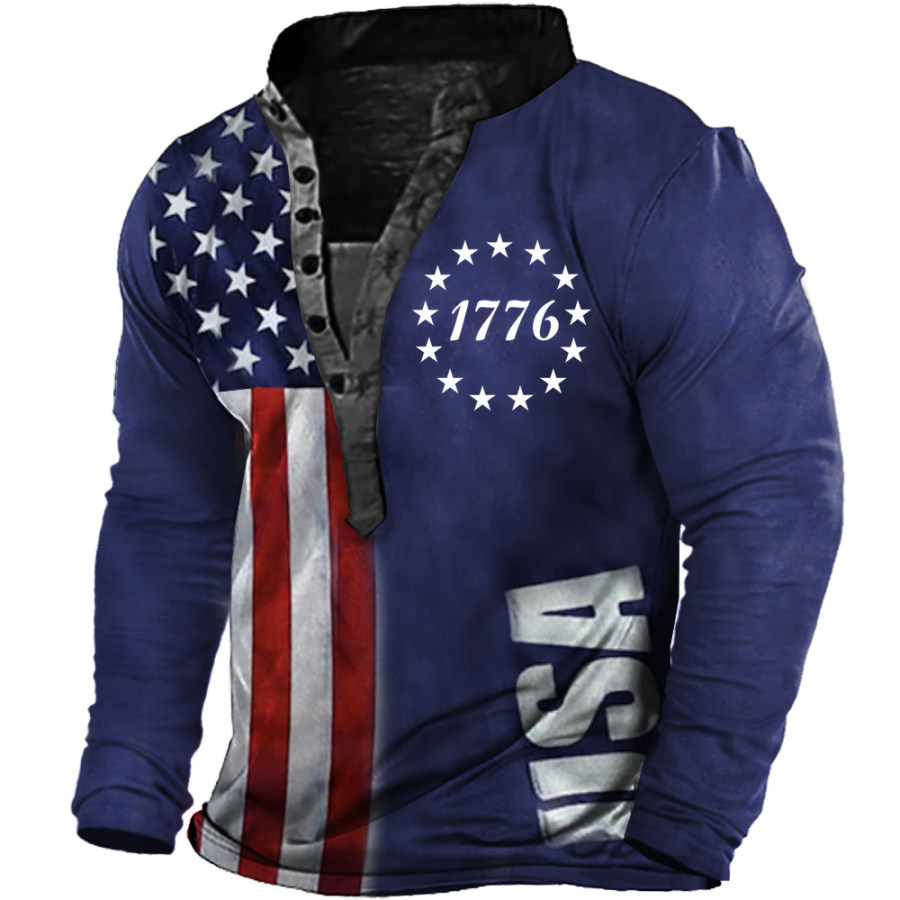 

Men's 1776 American Flag Print Henley Collar Long Sleeve T-Shirt