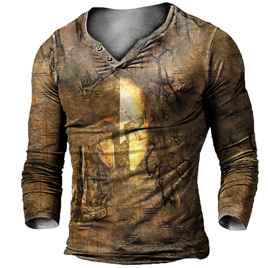 

Men's Outdoor Vintage Spartan V-Neck Button Long Sleeve T-Shirt