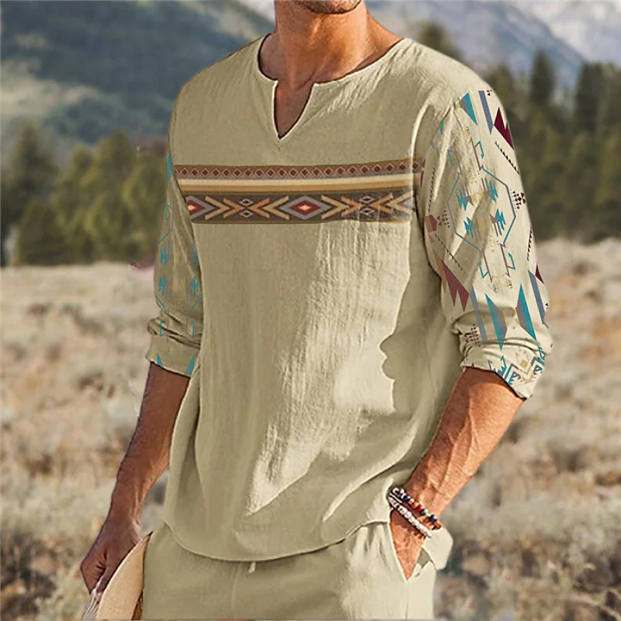 

Men's Casual Ethnic Print V Neck Holiday Long Sleeve Shirt Top