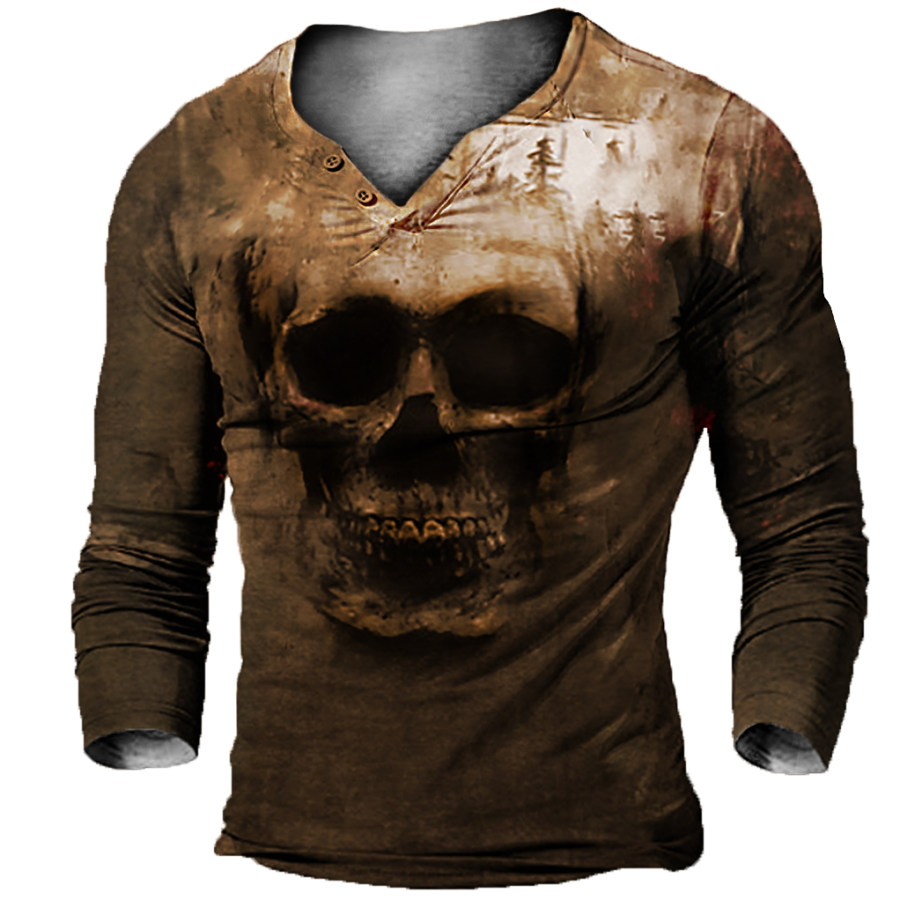 

Men's Outdoor Vintage Skull V-Neck Button Long Sleeve T-Shirt