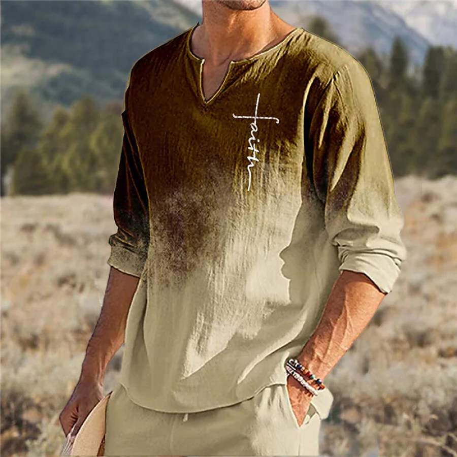 

Men's Classic Gradient Cross Jesus V Neck Holiday Long Sleeve Shirt Top