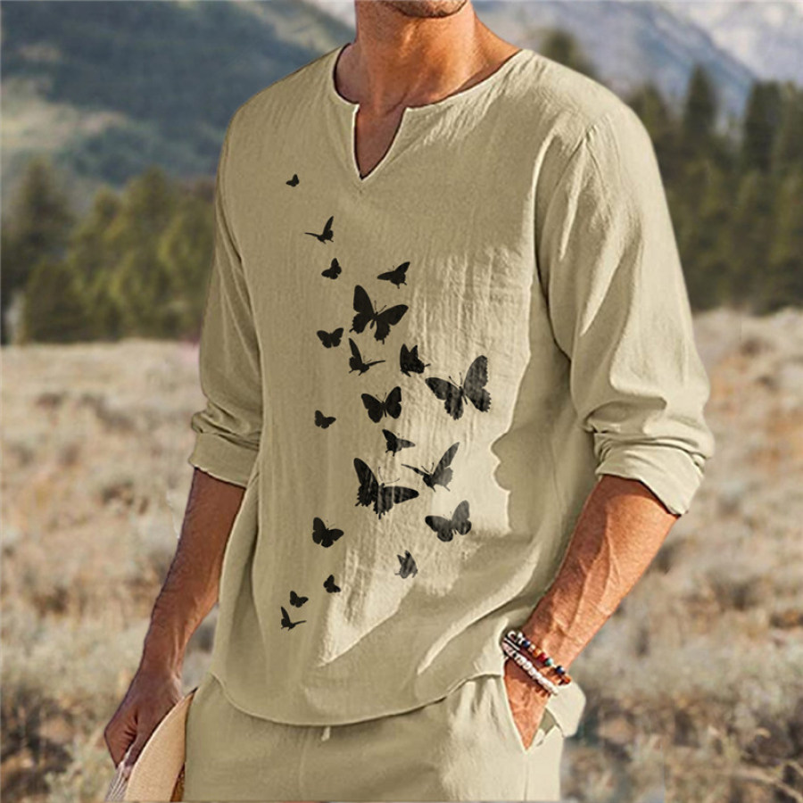 

Men's Casual Butterfly Print V Neck Holiday Long Sleeve Shirt Top