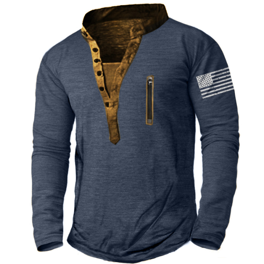 

Men's Pocket Colorblock American Flag Graphic Print Tactical Henley Collar T-Shirt