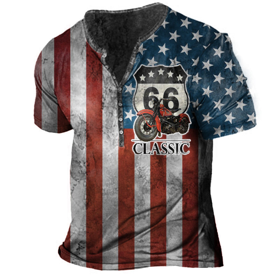 

Men's Outdoor American Flag Motorcycle Route 66 Henley T-Shirt
