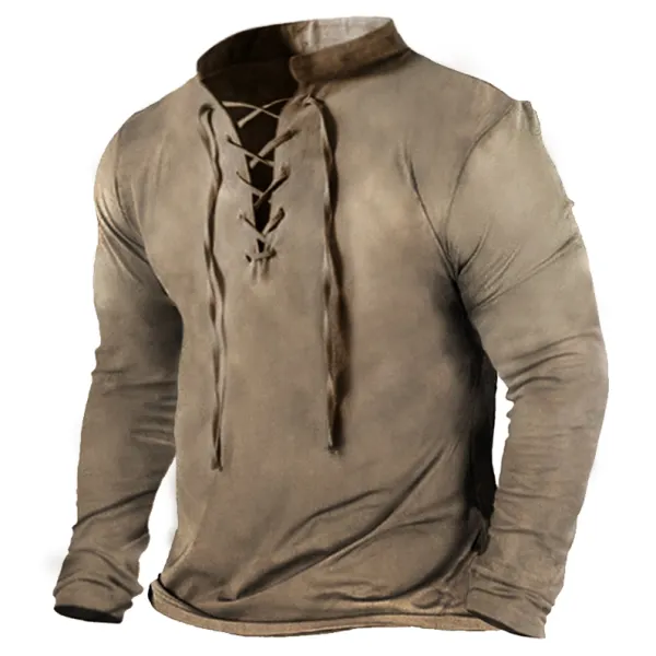 Medieval Gothic Cross Tie Collar Men's Vintage Print Casual Long Sleeve T-Shirt - Chrisitina.com 