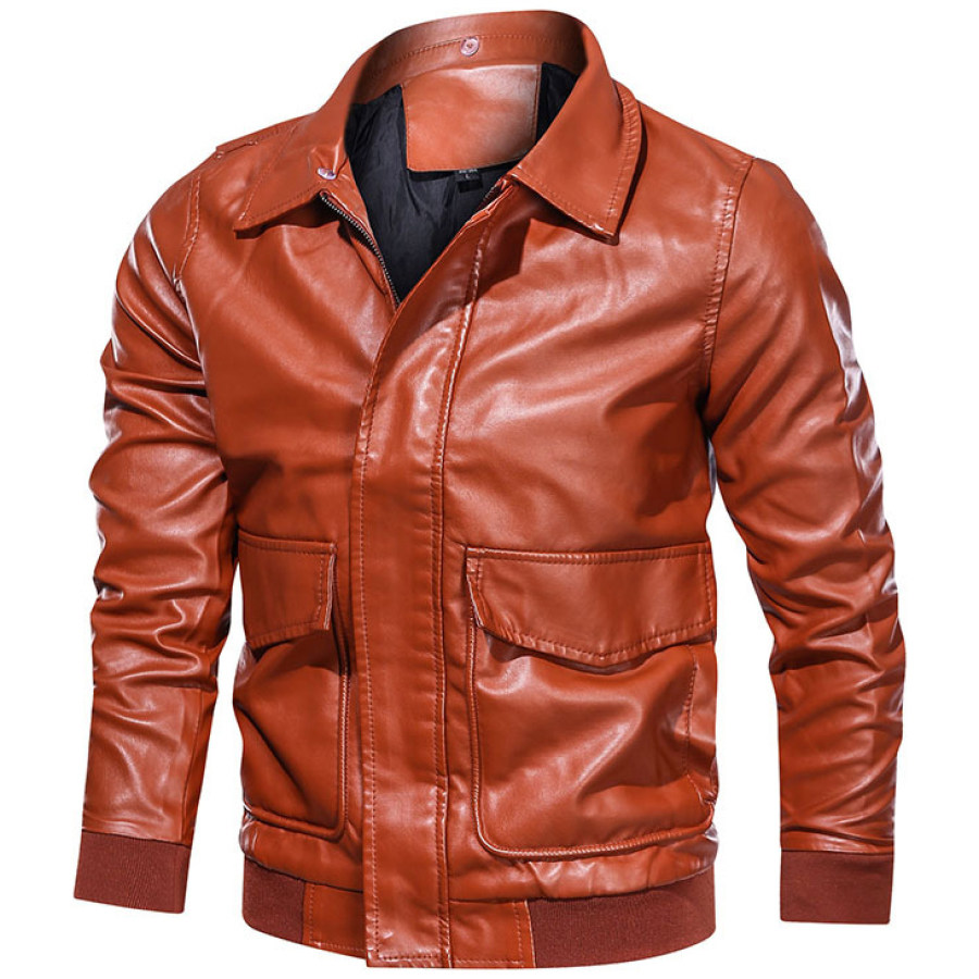 

Men's Lapel Solid Color Large Pocket Biker Leather Jacket