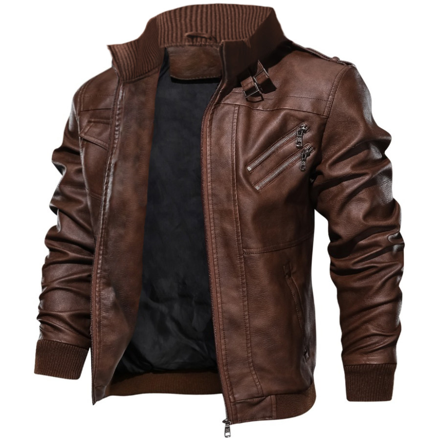 

Men's Outdoor Coldproof Stand Collar Zipper Pocket Motorcycle Leather Jacket