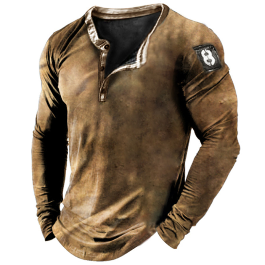 

Men's Outdoor Vintage Print Henley Long Sleeve Shirt