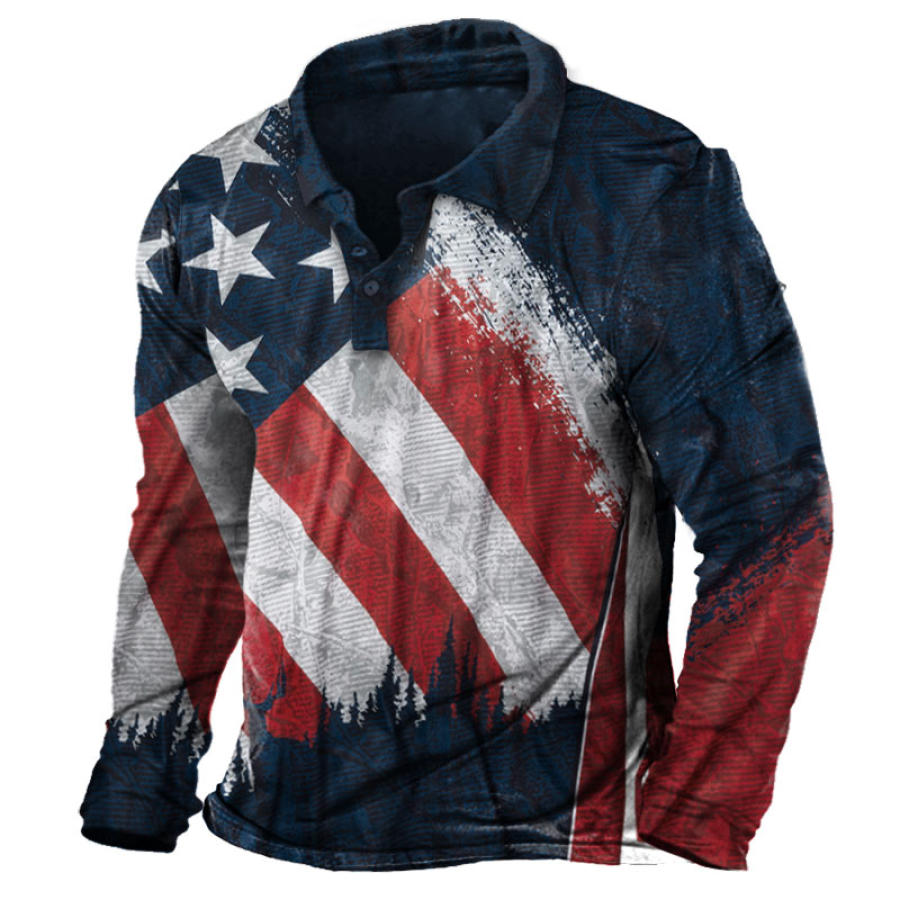 

Men's Outdoor American Flag Print Special Training Long Sleeve Polo Neck T-Shirt