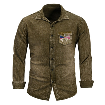 Men's Distressed Pocket Long Sleeve Denim Shirt