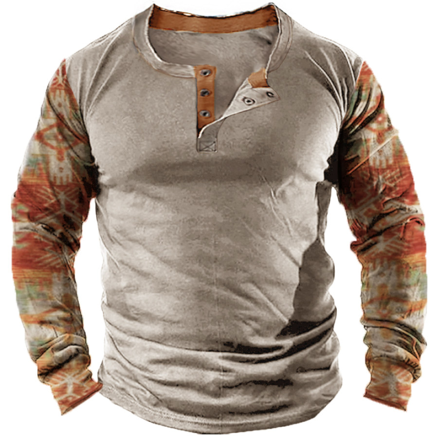 

Men's Vintage Ethnic Pattern Print Long Sleeve Henley Shirt