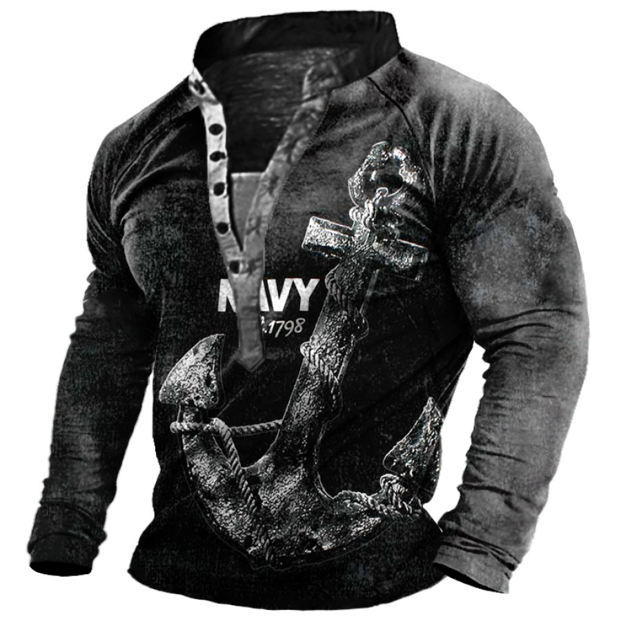 

Men's Outdoor Nautical Anchor Print Long Sleeve Henley Shirt