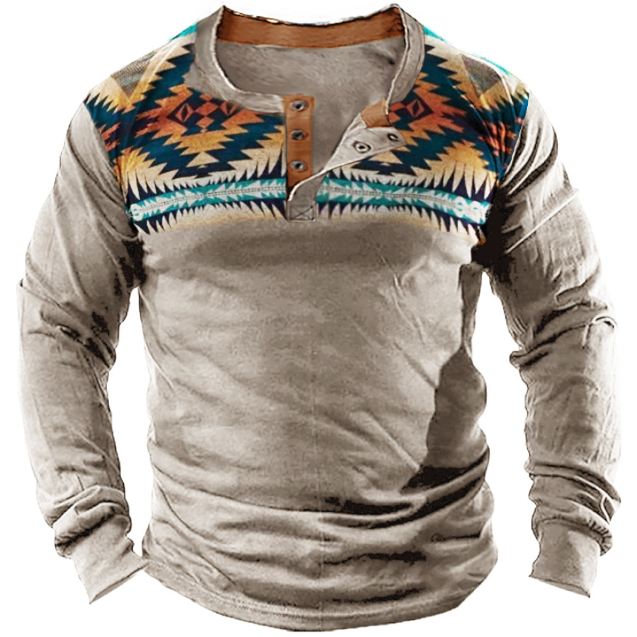 

Men's Vintage Ethnic Pattern Print Long Sleeve Henley Shirt