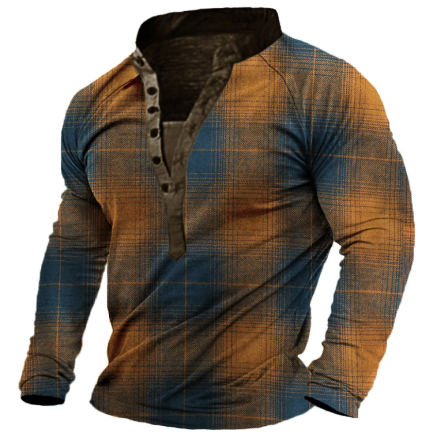 

Men's Vintage Plaid Long Sleeve Henley T-Shirt