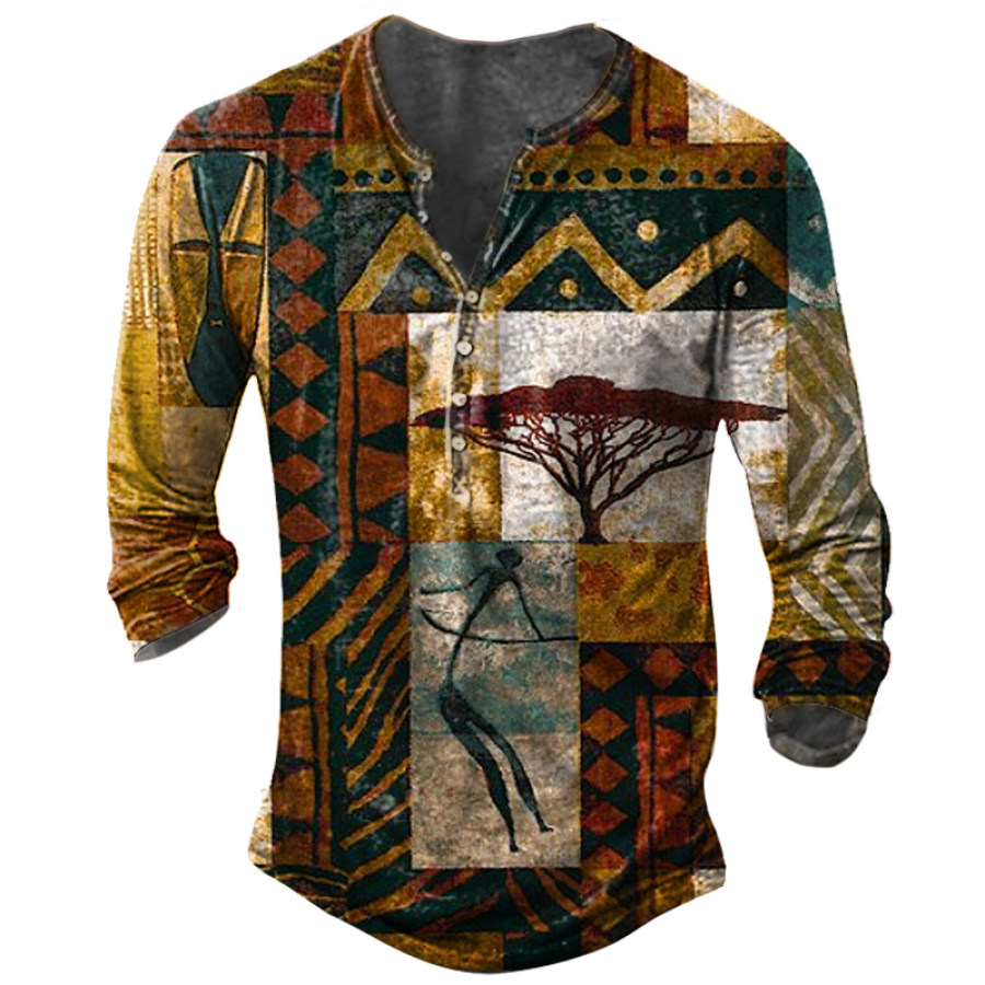 

Savannah Plain Patch Men's Vintage Ethnic Print Long Sleeve Henley Shirt