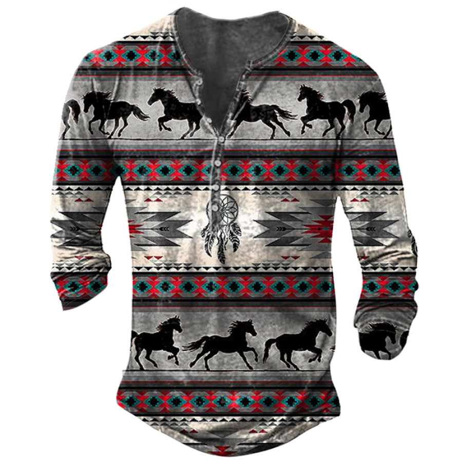 

Men's Vintage Ethnic Animal Print Long Sleeve Henley Shirt