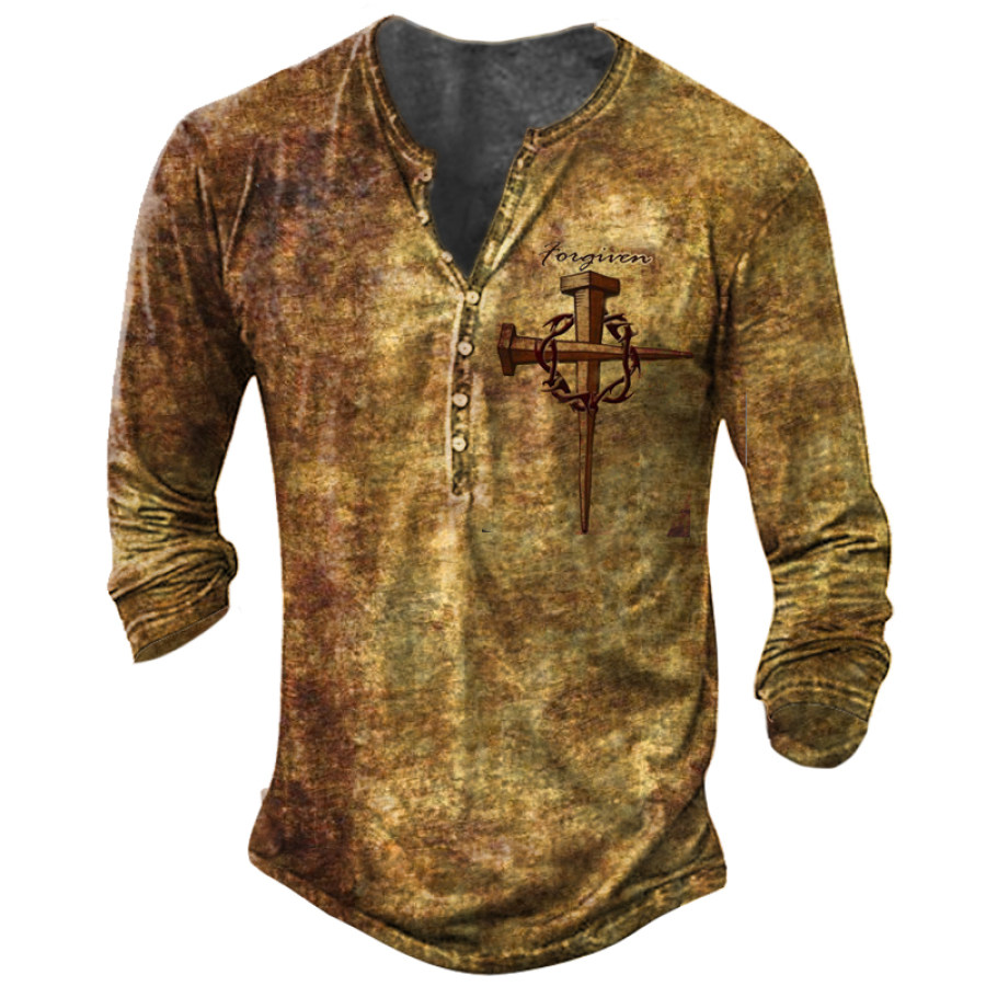 

Men's Vintage Cross Print Long Sleeve Button Neck Henley Shirt