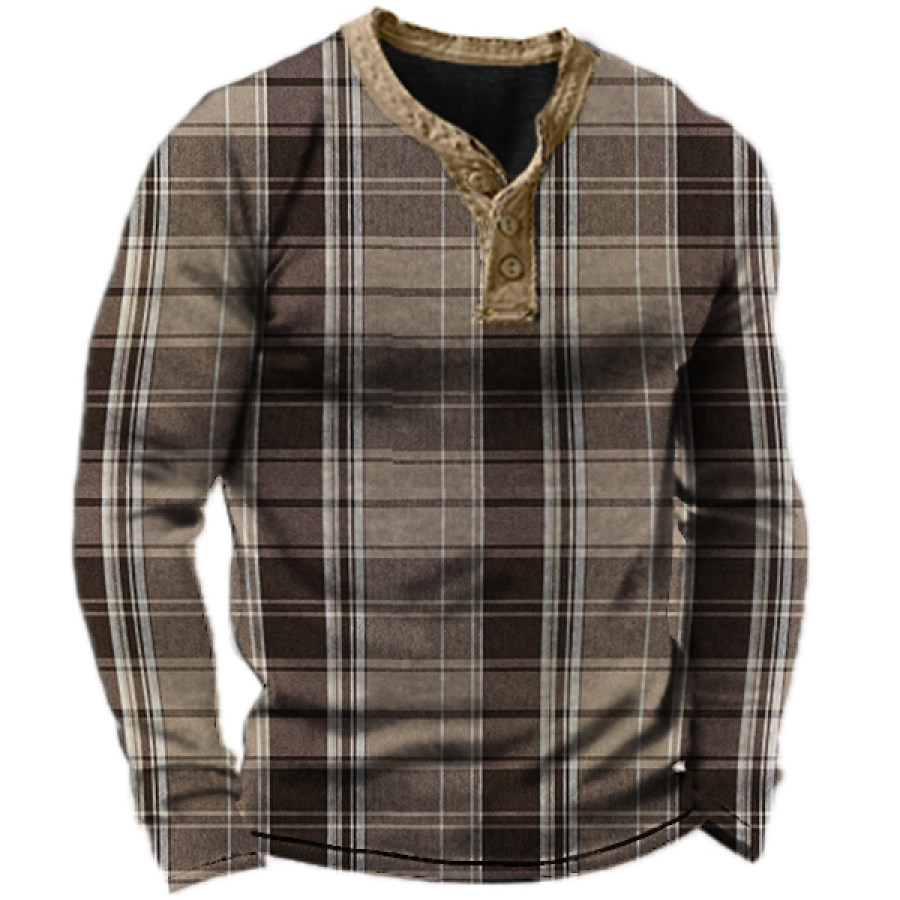 

Men's Vintage Plaid Long Sleeve Henley T-Shirt