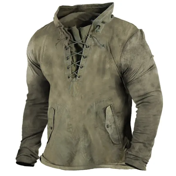 Men's Vintage Outdoor Tactical Lace-Up Hooded T-Shirt - Kalesafe.com 