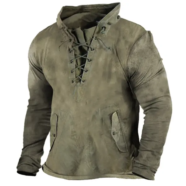 Men's Vintage Outdoor Tactical Lace-Up Hooded T-Shirt - Cotosen.com