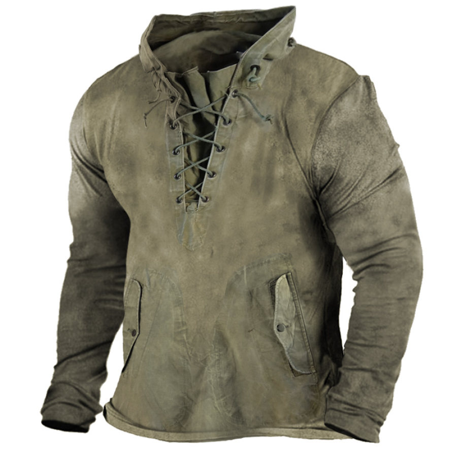 

Men's Vintage Outdoor Tactical Lace-Up Hooded T-Shirt