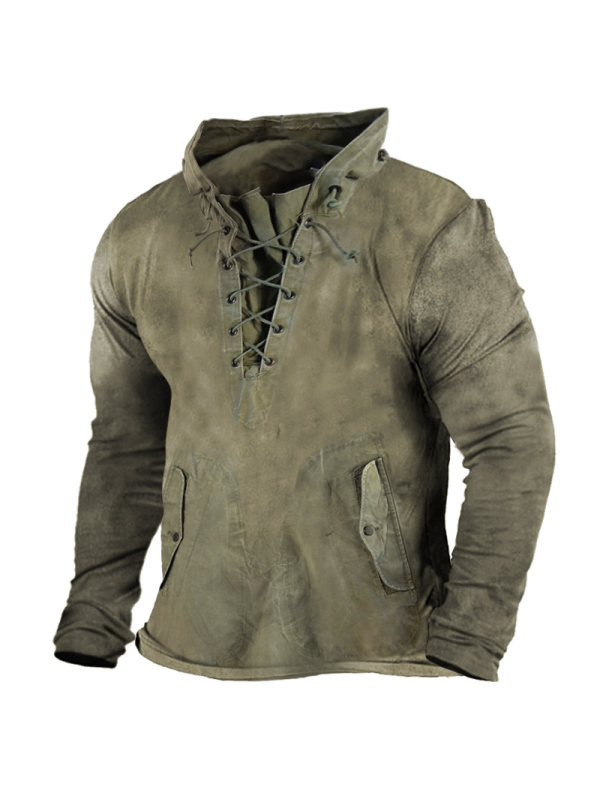 Men's Vintage Outdoor Tactical Lace-Up Hooded T-Shirt