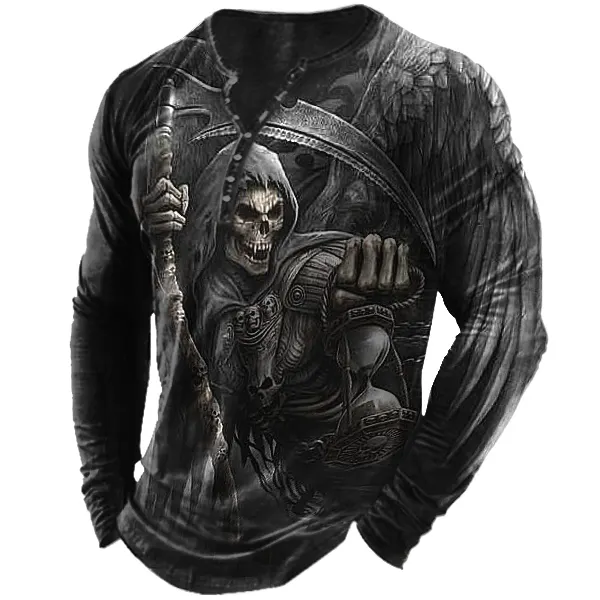 Men's Vintage Dark Skull Print Halloween Henley Collar Long Sleeves T-shirt - Blaroken.com 