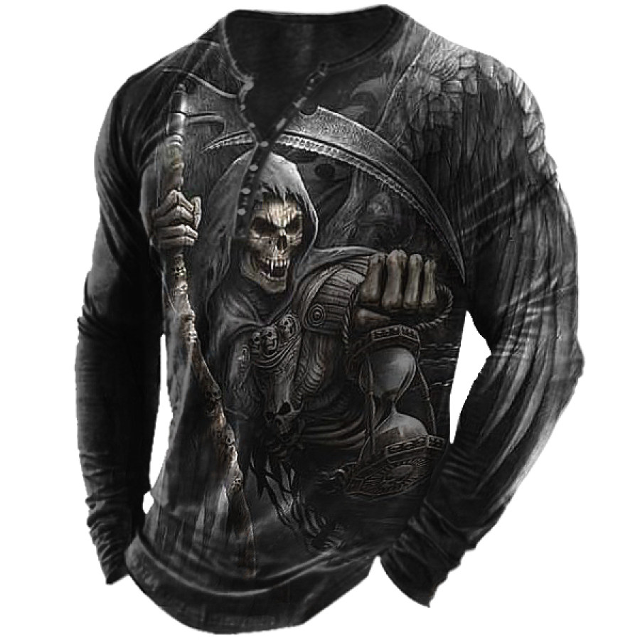 

Camiseta Masculina Vintage Com Estampa De Caveira Escura Halloween Gola Henley Mangas Compridas