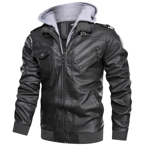 Men's Leather Hoodie Jacket Windproof Thick Warm Active Coat Full Zip