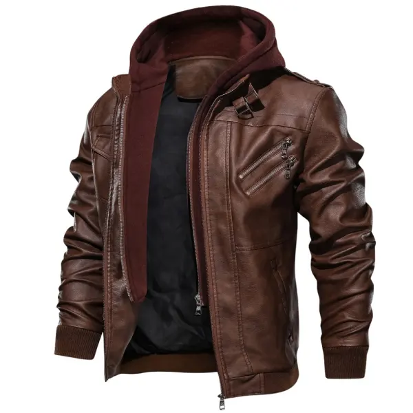 Men's Leather Hoodie Jacket Windproof Thick Warm Active Coat Full Zip 