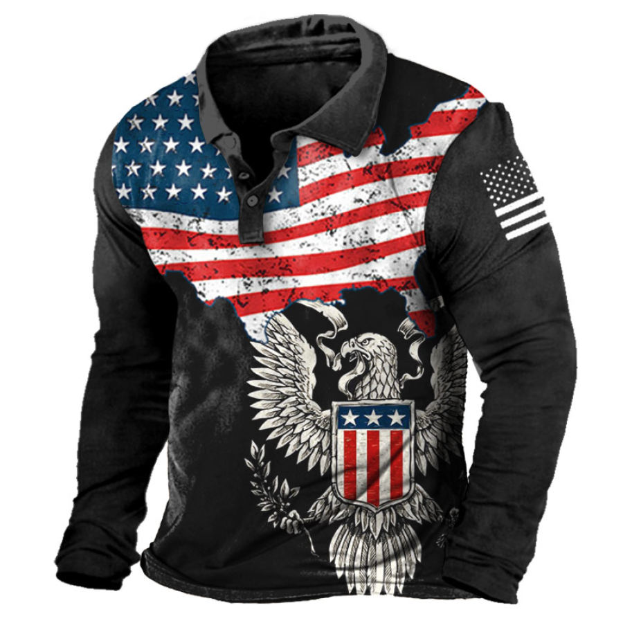 

Men's American Flag Eagle Print Polo Neck T-Shirt