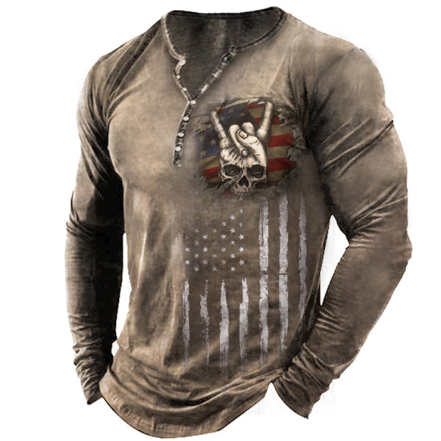 

Men's Retro Rock Skull American Flag Print Men's Long Sleeve Henley T-Shirt
