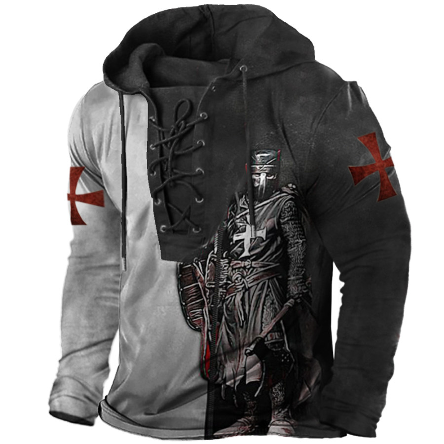 

Men's Vintage Templar Cross Tie Hooded Long Sleeve T-Shirt