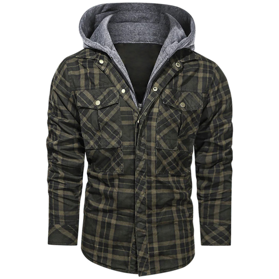 

Men's Outdoor Windproof Warm Plaid Hooded Jacket