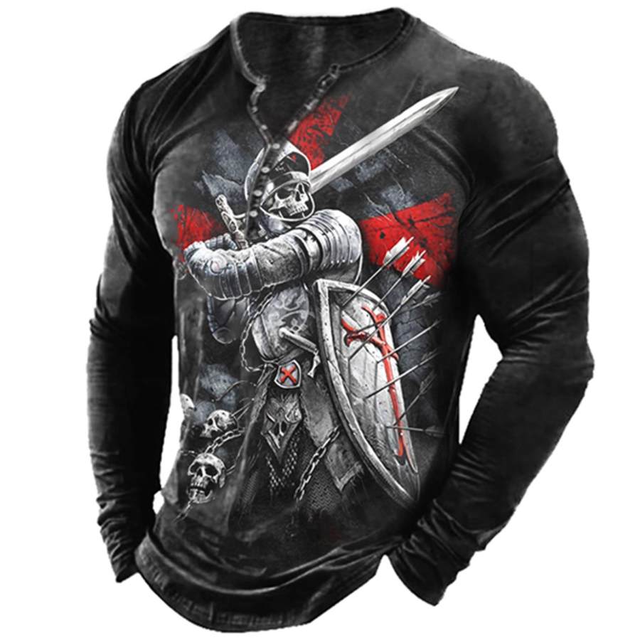 

Men's Templar Skull Cross Print Henley Long Sleeve T-Shirt