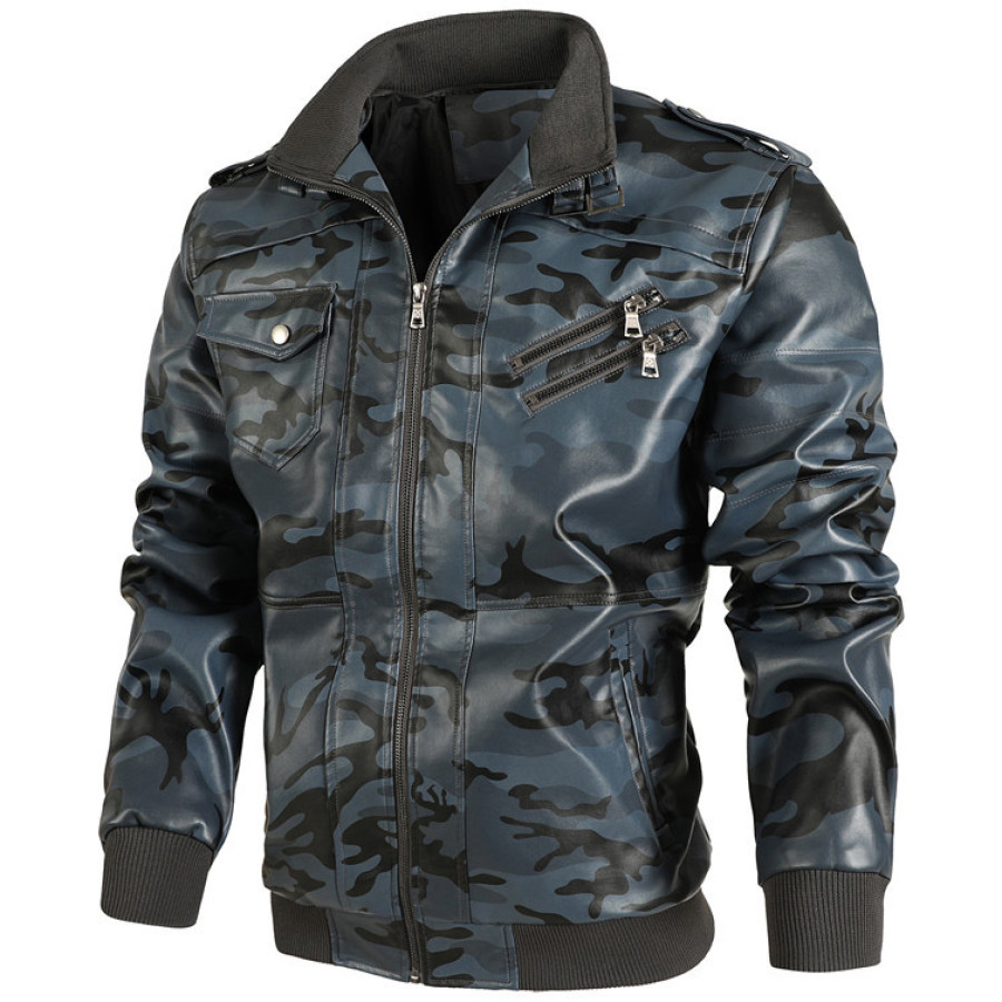 

Men's Retro Warm Windproof Camouflage Motorcycle Washed Leather Jacket