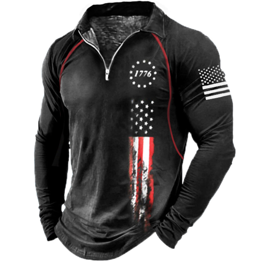 

Men's 1776 American Flag Print Patriotic Long Sleeve Zip Polo Shirt