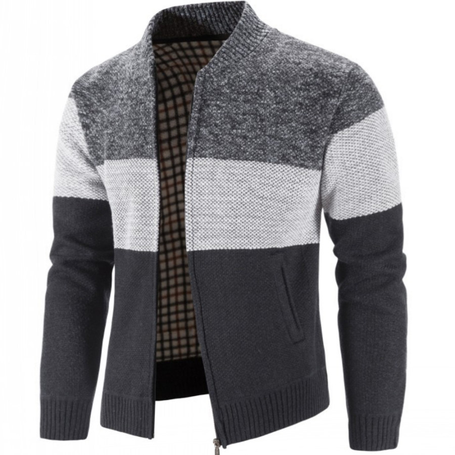 

Men's Autumn And Winter Fleece Colorblock Stand Collar Knitted Cardigan