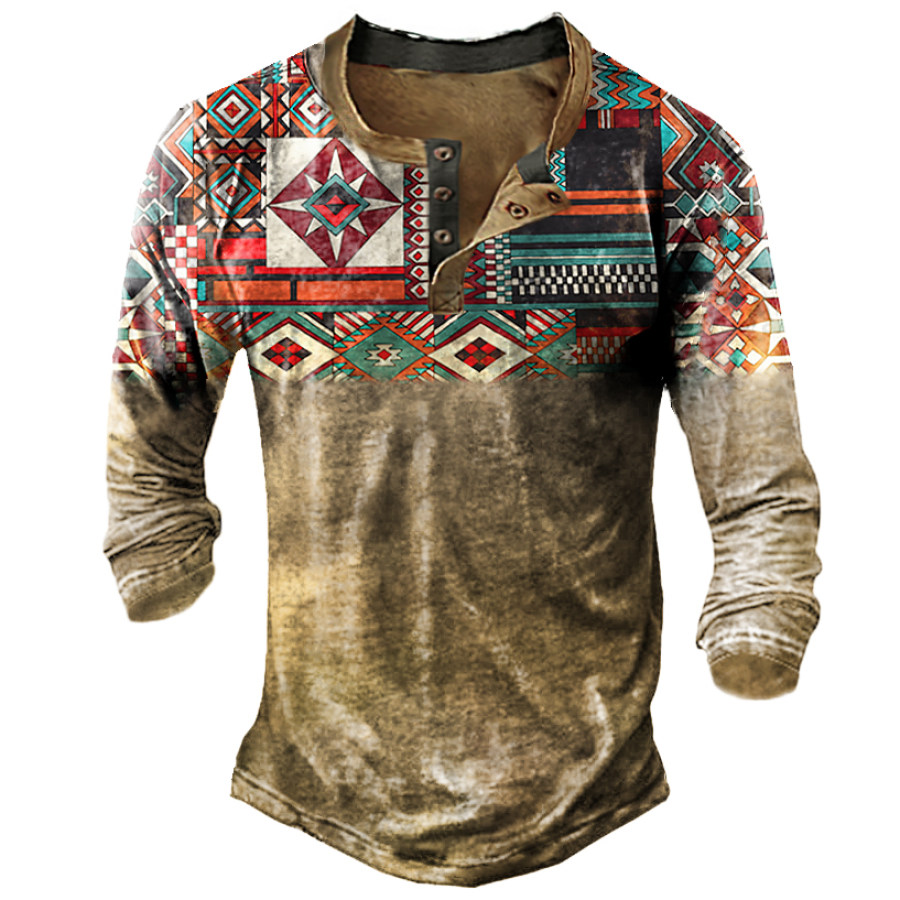 

Men's Vintage Ethnic Gradient Print Long Sleeve Henley Shirt