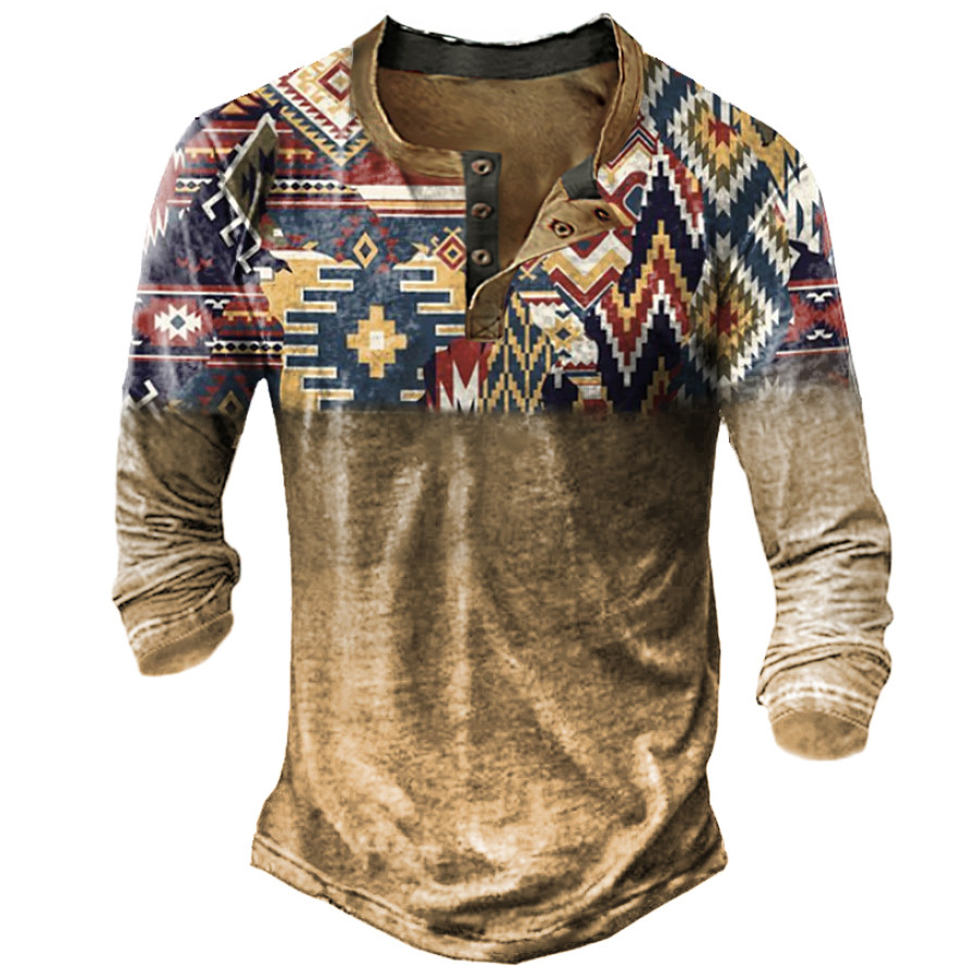 

Men's Vintage Ethnic Gradient Print Long Sleeve Henley Shirt