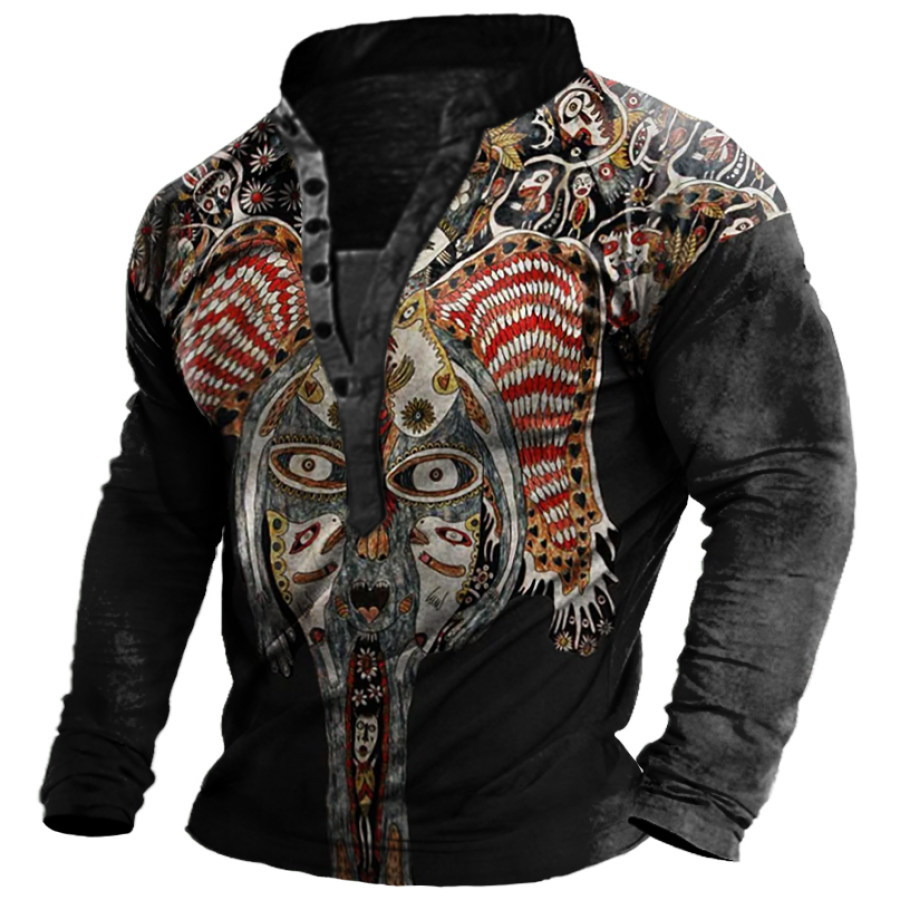 

Men's Vintage Ethnic Mask Print Long Sleeve Henley Shirt