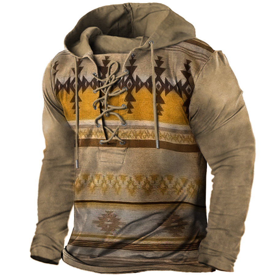 

Men's Vintage Tribal Geo Pattern Tie Hooded Long Sleeve T-Shirt